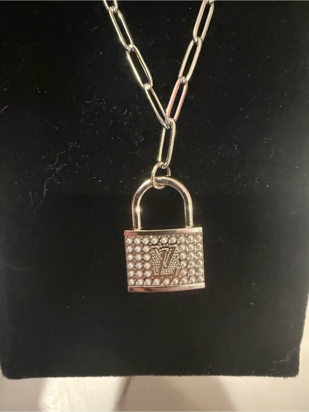 Upcycled Louis Vuitton Silver Tone Padlock Pendant Necklace with pearls